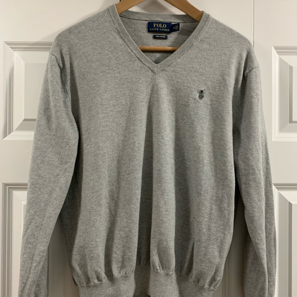 Ralph Lauren Polo Cotton V-Neck Sweater Size Medium Color Grey
